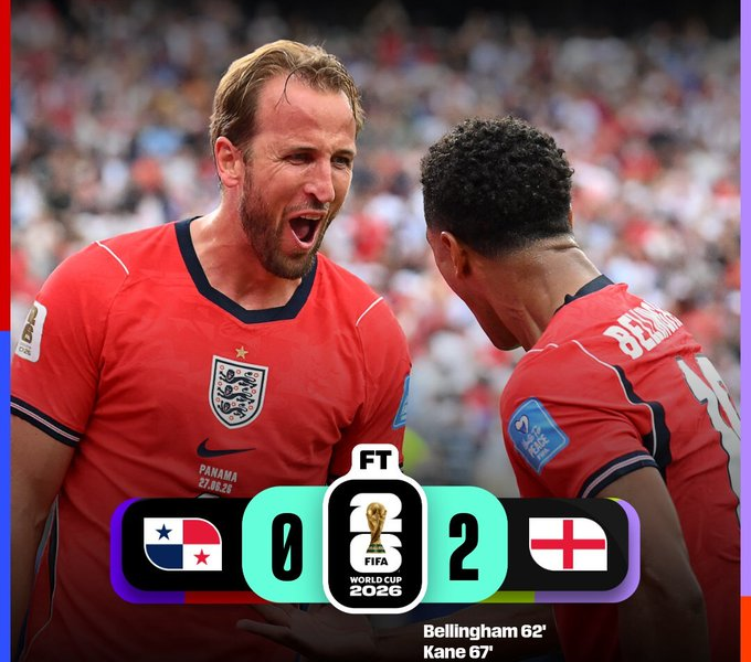 Harry Kane y Jude Bellingham celebran la victoria de Inglaterra 2-0 sobre Panamá en el último partido de la fase de grupos de la Copa Mundial de la FIFA 2026, disputado el 27 de junio de 2026.