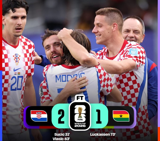 Jugadores de la selección de Croacia celebran la victoria 2-1 sobre Ghana al finalizar el partido correspondiente a la fase de grupos de la Copa Mundial de la FIFA 2026, resultado que aseguró su clasificación a la Ronda de 32.