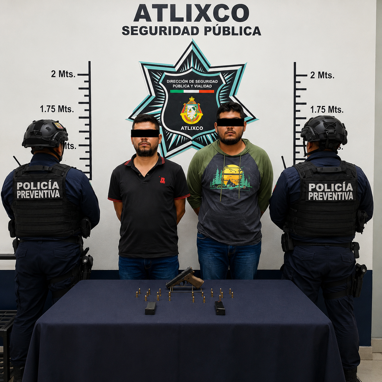 Elementos de la Secretaría de Seguridad Ciudadana de Atlixco presentan a dos hombres detenidos por la probable portación de un arma de fuego, cargadores y cartuchos de uso exclusivo de las Fuerzas Armadas, durante un operativo realizado en la colonia Revolución.