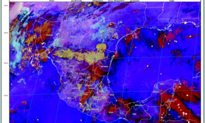 Imagen satelital GOES-19 del Servicio Meteorológico Nacional que muestra el pronóstico de lluvias, bancos de niebla y nubosidad sobre Puebla y el centro de México durante la mañana del 11 de julio de 2026.