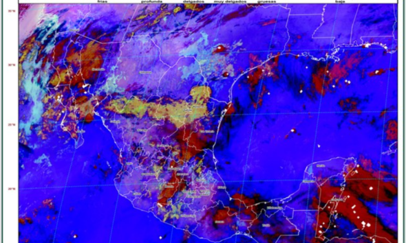 Imagen satelital GOES-19 del Servicio Meteorológico Nacional que muestra el pronóstico de lluvias, bancos de niebla y nubosidad sobre Puebla y el centro de México durante la mañana del 11 de julio de 2026.