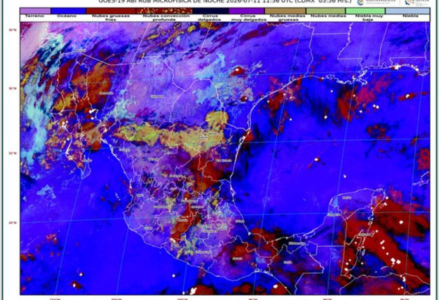 Imagen satelital GOES-19 del Servicio Meteorológico Nacional que muestra el pronóstico de lluvias, bancos de niebla y nubosidad sobre Puebla y el centro de México durante la mañana del 11 de julio de 2026.