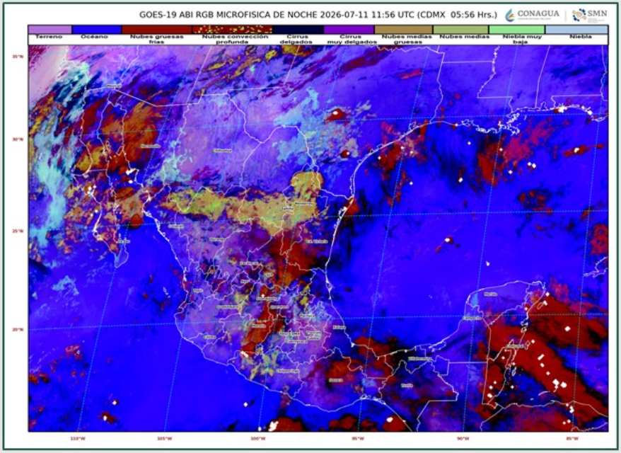 Imagen satelital GOES-19 del Servicio Meteorológico Nacional que muestra el pronóstico de lluvias, bancos de niebla y nubosidad sobre Puebla y el centro de México durante la mañana del 11 de julio de 2026.
