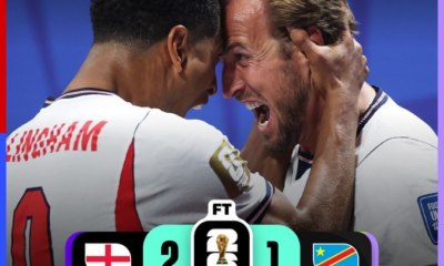 Harry Kane celebra con la Selección de Inglaterra tras marcar doblete en la victoria 2-1 sobre República Democrática del Congo en la Ronda de 32 de la Copa Mundial de la FIFA 2026, resultado que clasificó al conjunto inglés a los octavos de final ante México.