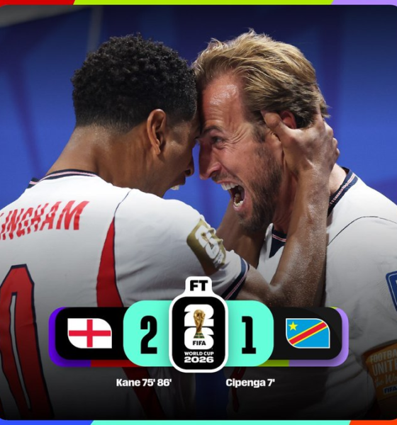 Harry Kane celebra con la Selección de Inglaterra tras marcar doblete en la victoria 2-1 sobre República Democrática del Congo en la Ronda de 32 de la Copa Mundial de la FIFA 2026, resultado que clasificó al conjunto inglés a los octavos de final ante México.