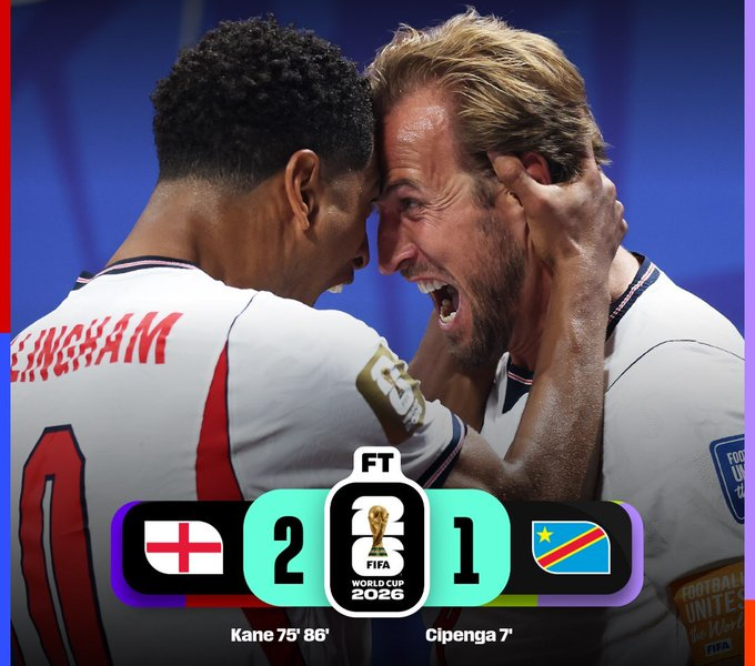 Harry Kane celebra con la Selección de Inglaterra tras marcar doblete en la victoria 2-1 sobre República Democrática del Congo en la Ronda de 32 de la Copa Mundial de la FIFA 2026, resultado que clasificó al conjunto inglés a los octavos de final ante México.
