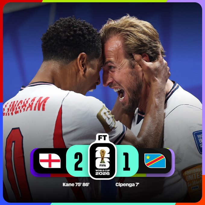 Harry Kane celebra con la Selección de Inglaterra tras marcar doblete en la victoria 2-1 sobre República Democrática del Congo en la Ronda de 32 de la Copa Mundial de la FIFA 2026, resultado que clasificó al conjunto inglés a los octavos de final ante México.