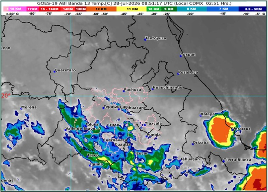 ALT: Imagen satelital GOES-19 que muestra nubosidad sobre el centro del país.