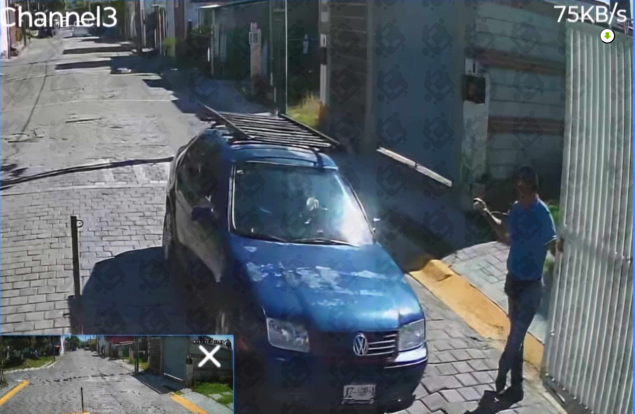 Captura de una cámara de videovigilancia en el fraccionamiento Villa Helena, Atlixco, donde vecinos denunciaron el presunto atropellamiento de la perrita Ody por un vehículo azul.
