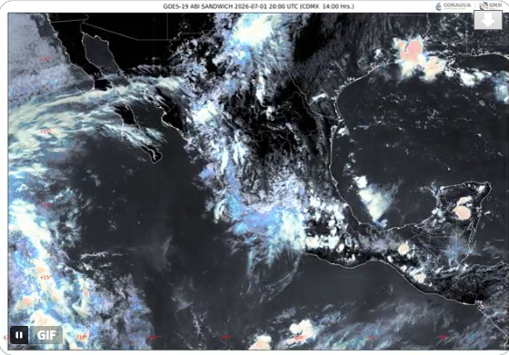 Imagen satelital GOES-19 que muestra el desarrollo de nubosidad convectiva sobre el centro de México previo al pronóstico de lluvias fuertes a muy fuertes para Puebla y el Valle de Atlixco-Matamoros durante la tarde y noche del 1 de julio de 2026.