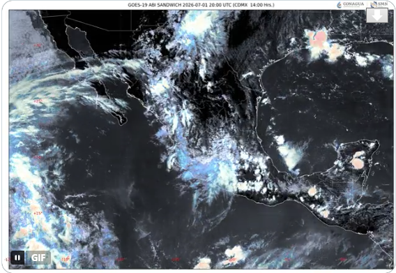 Imagen satelital GOES-19 que muestra el desarrollo de nubosidad convectiva sobre el centro de México previo al pronóstico de lluvias fuertes a muy fuertes para Puebla y el Valle de Atlixco-Matamoros durante la tarde y noche del 1 de julio de 2026.