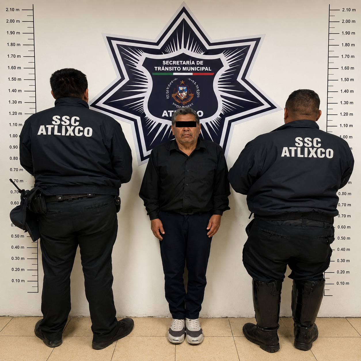 Elementos de la Secretaría de Seguridad Ciudadana de Atlixco presentan a un hombre detenido por su presunta responsabilidad en un hecho de tránsito que ocasionó daños a un automóvil Jaguar XK8 estacionado sobre el Boulevard Rafael Moreno Valle.