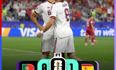 Jugadores de la Selección de España celebran el gol de Mikel Merino que dio la victoria 1-0 sobre Portugal en los octavos de final de la Copa Mundial de la FIFA 2026 y aseguró el pase a los cuartos de final.