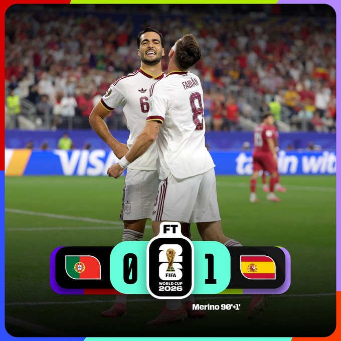 Jugadores de la Selección de España celebran el gol de Mikel Merino que dio la victoria 1-0 sobre Portugal en los octavos de final de la Copa Mundial de la FIFA 2026 y aseguró el pase a los cuartos de final.