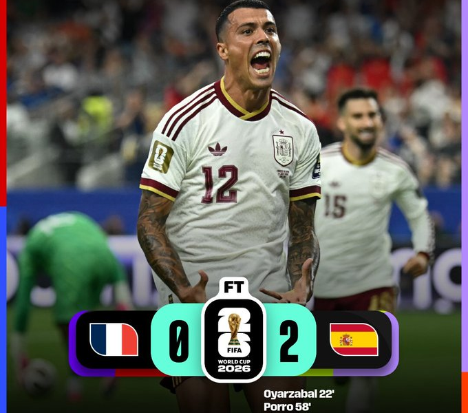 Marcador final del partido España 2-0 Francia correspondiente a las semifinales del Mundial 2026.