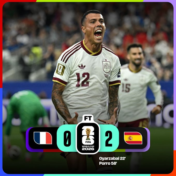 Marcador final del partido España 2-0 Francia correspondiente a las semifinales del Mundial 2026.
