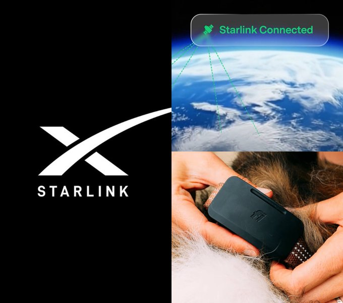 Collage promocional del rastreador inteligente Fi Ultra con el logotipo de Starlink, una representación de la conexión satelital y el dispositivo colocado en el collar de un perro.