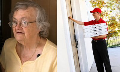 Mujer recibe la visita de un repartidor de pizza tras un huracán.