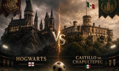 Imagen viral que representa el partido México vs Inglaterra en octavos de final del Mundial 2026 como un duelo fantástico entre Hogwarts y el Castillo de Chapultepec, con el Estadio Azteca como escenario simbólico de la fortaleza mexicana.