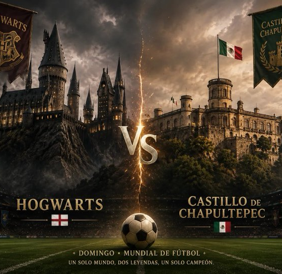 Imagen viral que representa el partido México vs Inglaterra en octavos de final del Mundial 2026 como un duelo fantástico entre Hogwarts y el Castillo de Chapultepec, con el Estadio Azteca como escenario simbólico de la fortaleza mexicana.