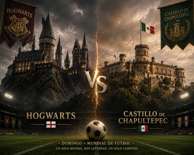 Imagen viral que representa el partido México vs Inglaterra en octavos de final del Mundial 2026 como un duelo fantástico entre Hogwarts y el Castillo de Chapultepec, con el Estadio Azteca como escenario simbólico de la fortaleza mexicana.