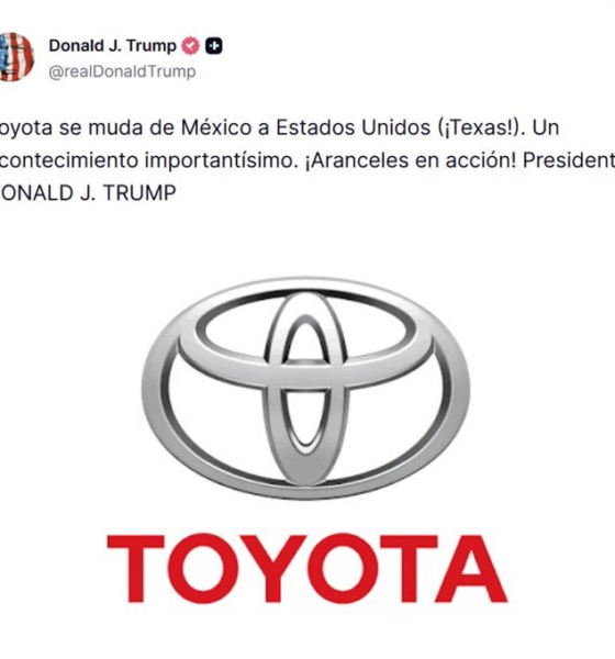 Publicación del presidente Donald Trump en Truth Social sobre la inversión de Toyota en Texas y el traslado parcial de la producción de la camioneta Tacoma desde México hacia Estados Unidos.