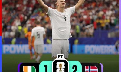 Erling Haaland celebra la victoria de Noruega por 2-1 sobre Costa de Marfil en la Ronda de 32 de la Copa Mundial de la FIFA 2026, resultado que clasificó a la selección noruega a los octavos de final.