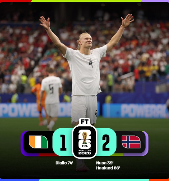 Erling Haaland celebra la victoria de Noruega por 2-1 sobre Costa de Marfil en la Ronda de 32 de la Copa Mundial de la FIFA 2026, resultado que clasificó a la selección noruega a los octavos de final.