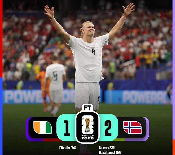 Erling Haaland celebra la victoria de Noruega por 2-1 sobre Costa de Marfil en la Ronda de 32 de la Copa Mundial de la FIFA 2026, resultado que clasificó a la selección noruega a los octavos de final.