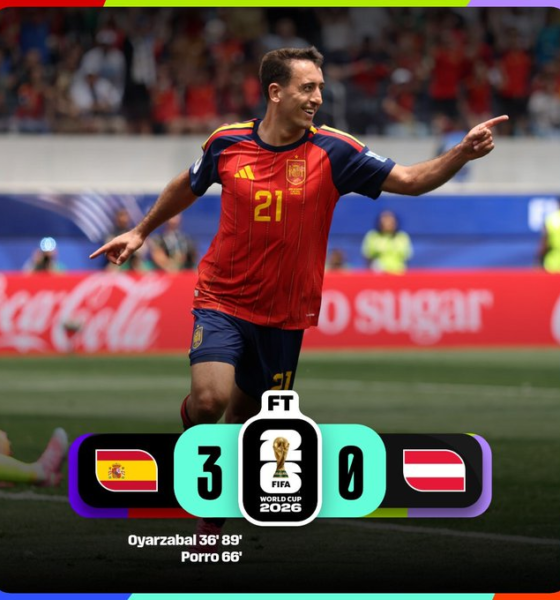 Mikel Oyarzabal celebra durante la victoria 3-0 de España sobre Austria en la Ronda de 32 de la Copa Mundial de la FIFA 2026, resultado que clasificó a la selección española a los octavos de final.