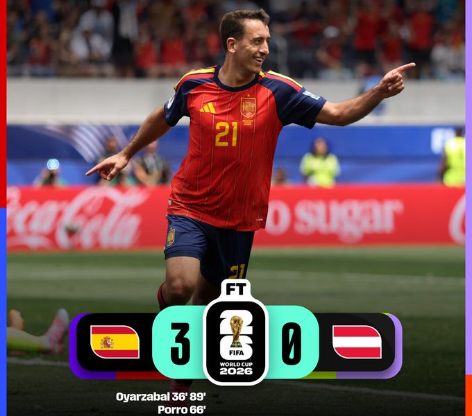 Mikel Oyarzabal celebra durante la victoria 3-0 de España sobre Austria en la Ronda de 32 de la Copa Mundial de la FIFA 2026, resultado que clasificó a la selección española a los octavos de final.
