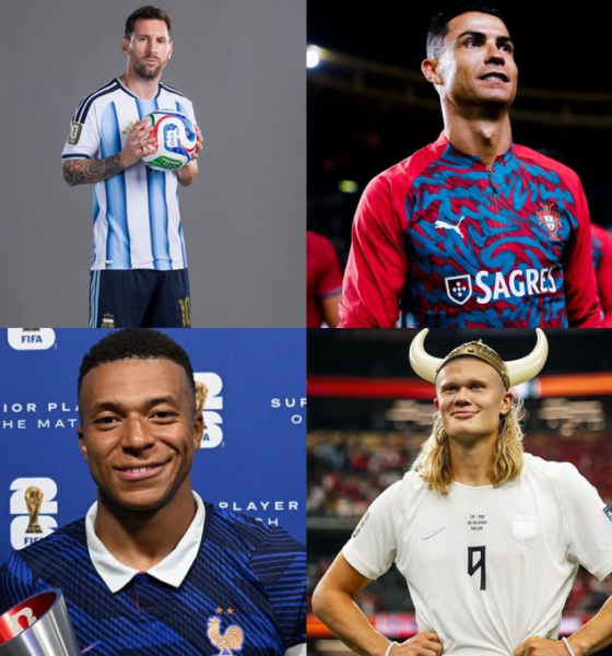 Comparativa entre Erling Haaland, Lionel Messi, Cristiano Ronaldo y Kylian Mbappé mostrando los goles anotados por cada uno en su primera participación en una Copa Mundial de la FIFA. Haaland suma siete goles en el Mundial 2026.