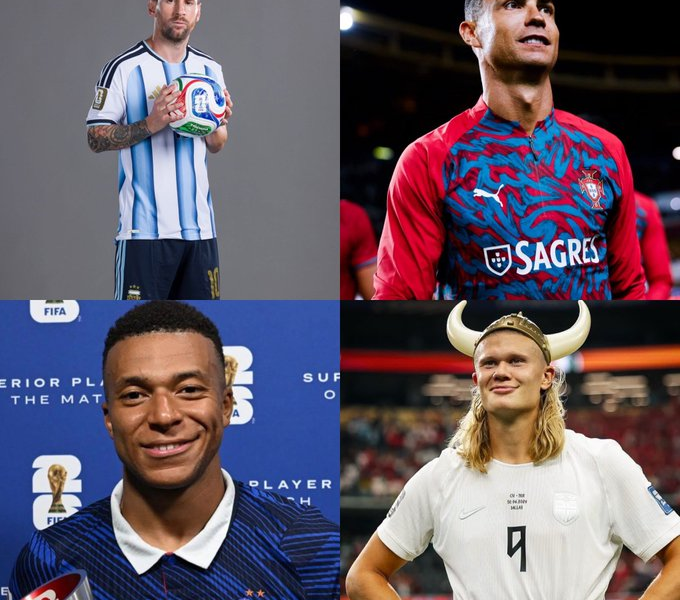 Comparativa entre Erling Haaland, Lionel Messi, Cristiano Ronaldo y Kylian Mbappé mostrando los goles anotados por cada uno en su primera participación en una Copa Mundial de la FIFA. Haaland suma siete goles en el Mundial 2026.