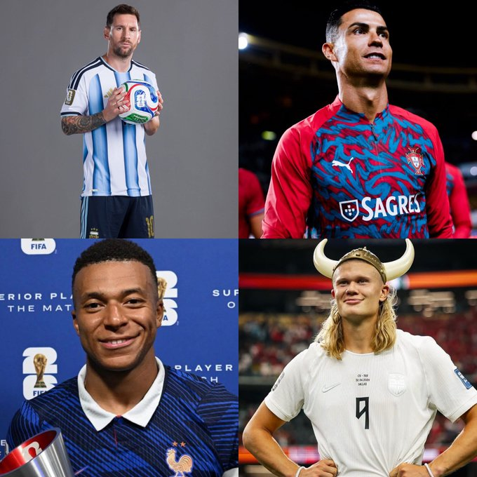 Comparativa entre Erling Haaland, Lionel Messi, Cristiano Ronaldo y Kylian Mbappé mostrando los goles anotados por cada uno en su primera participación en una Copa Mundial de la FIFA. Haaland suma siete goles en el Mundial 2026.