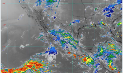 Imagen satelital GOES-19 del 6 de julio de 2026 que muestra nubosidad y sistemas de lluvia sobre el centro y sur de México, con pronóstico de precipitaciones y actividad eléctrica en Atlixco, Angelópolis, Valles Centrales, Sierra Norte y Sierra Nororiental.