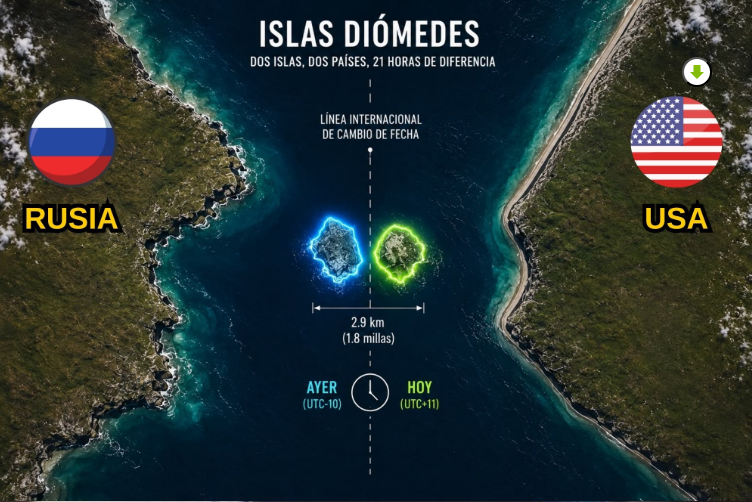 Infografía de las Islas Diómedes entre Rusia y Estados Unidos, separadas por cerca de cuatro kilómetros y la Línea Internacional de Cambio de Fecha.