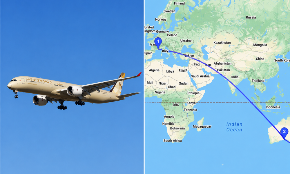 ALT: Airbus A350-1000ULR durante un vuelo histórico de prueba entre Melbourne y Toulouse.