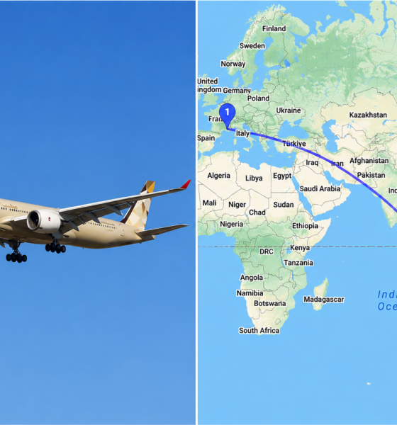 ALT: Airbus A350-1000ULR durante un vuelo histórico de prueba entre Melbourne y Toulouse.