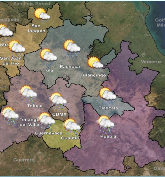 Pronóstico meteorológico para el centro de México con lluvias previstas en Puebla.