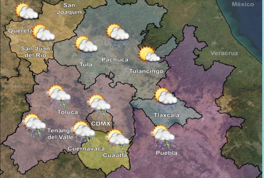 Pronóstico meteorológico para el centro de México con lluvias previstas en Puebla.