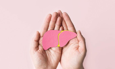 ALT: Ilustración de un hígado sostenido entre dos manos con motivo del Día Mundial contra la Hepatitis.