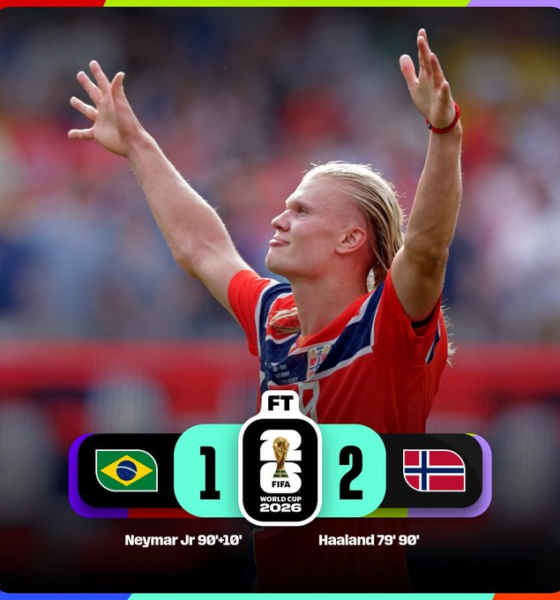 Erling Haaland celebra la victoria de Noruega 2-1 sobre Brasil en los octavos de final de la Copa Mundial de la FIFA 2026, resultado que clasificó a la selección noruega a los cuartos de final.