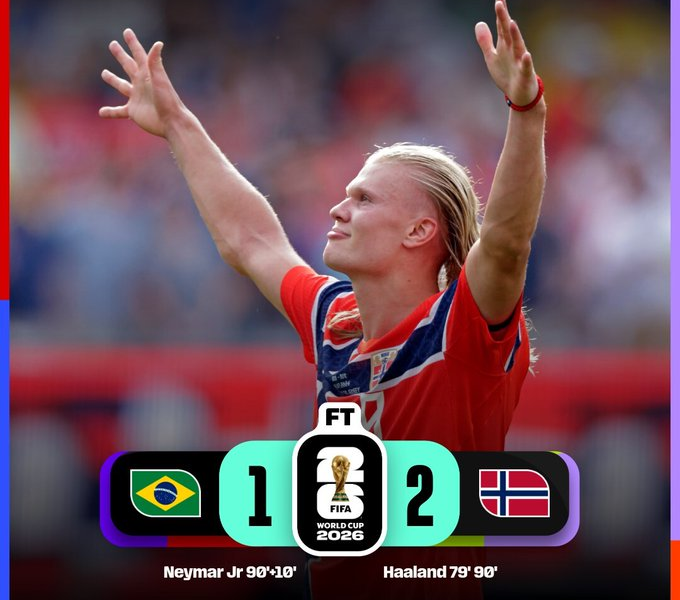 Erling Haaland celebra la victoria de Noruega 2-1 sobre Brasil en los octavos de final de la Copa Mundial de la FIFA 2026, resultado que clasificó a la selección noruega a los cuartos de final.