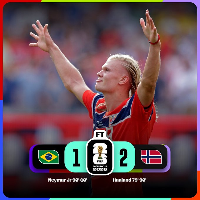Erling Haaland celebra la victoria de Noruega 2-1 sobre Brasil en los octavos de final de la Copa Mundial de la FIFA 2026, resultado que clasificó a la selección noruega a los cuartos de final.