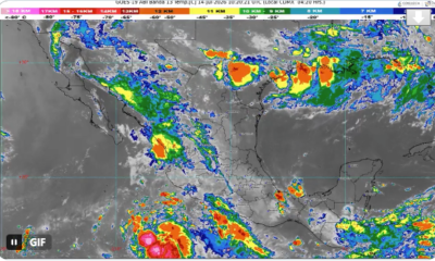 Imagen satelital GOES-19 con sistemas nubosos sobre México durante el pronóstico del 14 de julio de 2026.