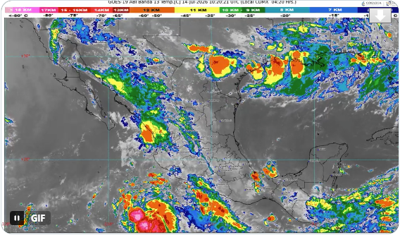 Imagen satelital GOES-19 con sistemas nubosos sobre México durante el pronóstico del 14 de julio de 2026.