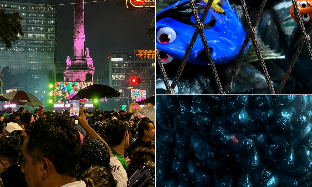 Aficionados reunidos en el Ángel de la Independencia durante los festejos por la victoria de México ante Ecuador en el Mundial 2026, junto a imágenes alusivas a la frase “nadaremos”, relacionada con testimonios sobre la estampida ocurrida en Ciudad de México.