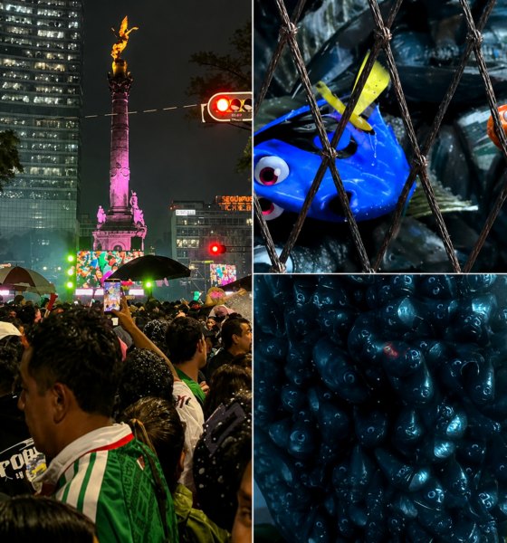Aficionados reunidos en el Ángel de la Independencia durante los festejos por la victoria de México ante Ecuador en el Mundial 2026, junto a imágenes alusivas a la frase “nadaremos”, relacionada con testimonios sobre la estampida ocurrida en Ciudad de México.