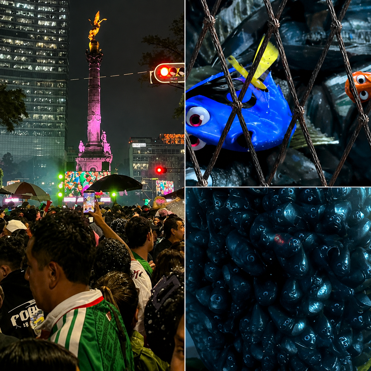 Aficionados reunidos en el Ángel de la Independencia durante los festejos por la victoria de México ante Ecuador en el Mundial 2026, junto a imágenes alusivas a la frase “nadaremos”, relacionada con testimonios sobre la estampida ocurrida en Ciudad de México.