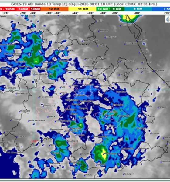 Imagen satelital GOES-19 del 3 de julio de 2026 que muestra amplia nubosidad sobre Puebla y el centro de México, con pronóstico de lluvias, actividad eléctrica y posible caída de granizo en Atlixco, Angelópolis, Valles Centrales, Sierra Norte, Sierra Nororiental y Sierra Negra.
